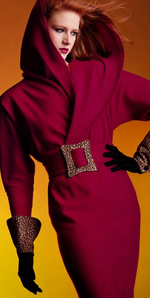 Fuschia wool jersey hooded dress with leopard-printed suede glov