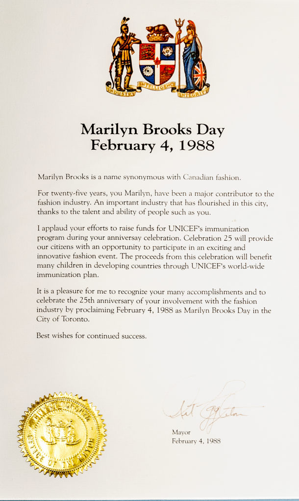 Marilyn Brooks Day declared by the City of Toronto, 1988 Marilyn Brooks Day declared by the City of Toronto, February 4, 1988
